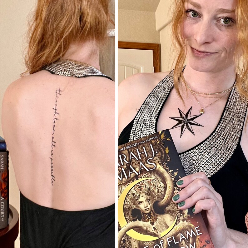May include: A woman with a tattoo on her back that reads "through love, all is possible". She is holding a book titled "House of Flame and Shadow" by Sarah J. Maas.