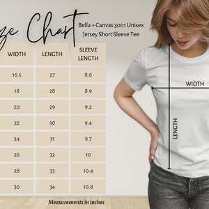 K&ouml;nnte beinhalten: Gr&ouml;&szlig;entabelle f&uuml;r ein Unisex-T-Shirt mit kurzen &Auml;rmeln, die die Ma&szlig;e in Zoll f&uuml;r Breite, L&auml;nge und &Auml;rmell&auml;nge f&uuml;r die Gr&ouml;&szlig;en XS bis 4XL zeigt.