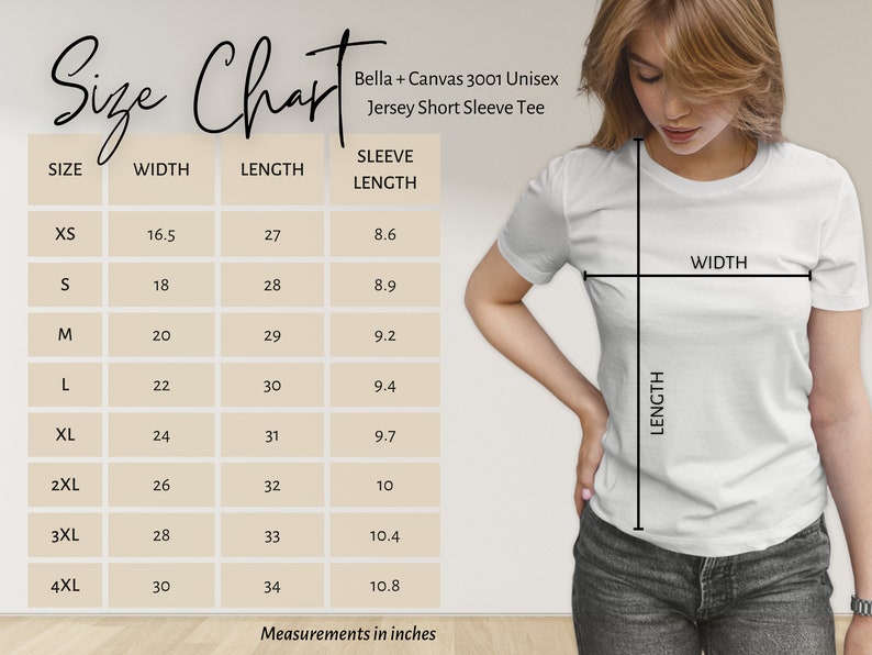 K&ouml;nnte beinhalten: Gr&ouml;&szlig;entabelle f&uuml;r ein Unisex-T-Shirt mit kurzen &Auml;rmeln, die die Ma&szlig;e in Zoll f&uuml;r Breite, L&auml;nge und &Auml;rmell&auml;nge f&uuml;r die Gr&ouml;&szlig;en XS bis 4XL zeigt.
