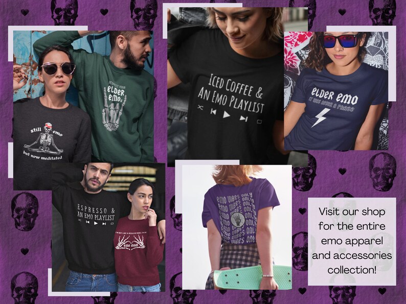 K&ouml;nnte beinhalten: Eine Sammlung von sechs verschiedenen T-Shirts mit verschiedenen Designs und Texten. Die Shirts zeigen einen Totenkopf und gekreuzte Knochen, ein meditierendes Skelett, einen Blitz, eine Kaffeetasse und einen Musikplayer. Der Text auf den Shirts lautet "Still emo but now meditated", "Elder emo", "Iced coffee & an emo playlist", "Espresso & an emo playlist" und "Emo vibes only".