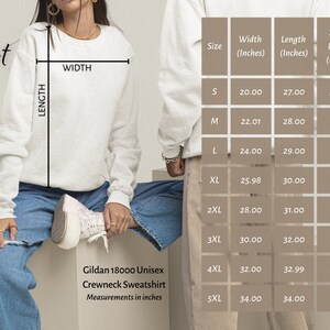Puede incluir: Tabla de tallas para una sudadera con cuello redondo unisex Gildan 18000. La tabla muestra las medidas en pulgadas para el ancho, la longitud y la longitud de la manga para las tallas S a 5XL.