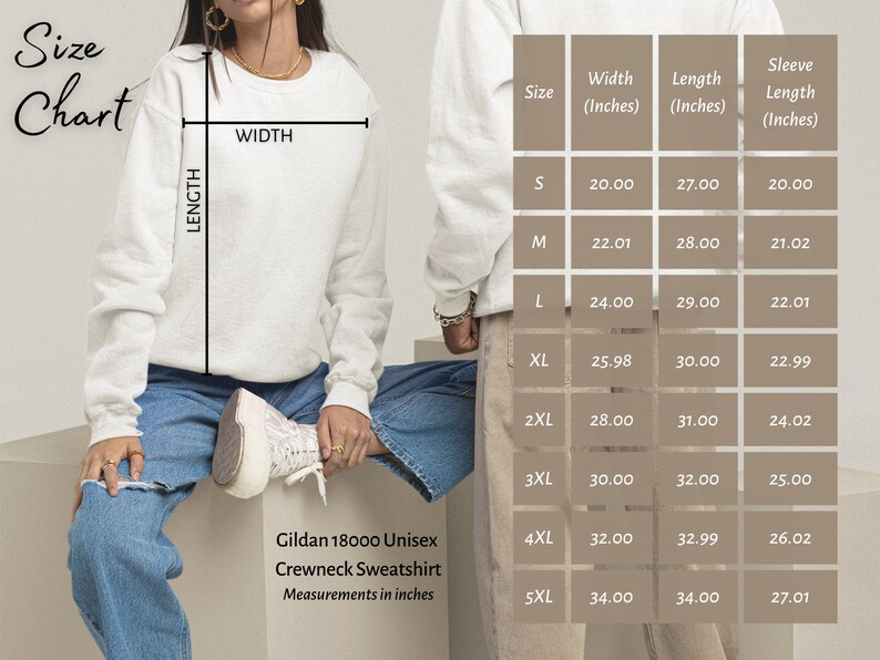 Puede incluir: Tabla de tallas para una sudadera con cuello redondo unisex Gildan 18000. La tabla muestra las medidas en pulgadas para el ancho, la longitud y la longitud de la manga para las tallas S a 5XL.