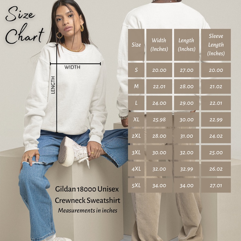 Puede incluir: Tabla de tallas para una sudadera con cuello redondo unisex Gildan 18000. La tabla muestra las medidas en pulgadas para las tallas S a 5XL, incluyendo el ancho, la longitud y la longitud de la manga.
