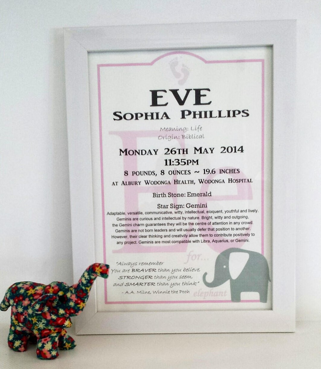 Personalised Birth Print, Newborn Gift for Baby Girl, Includes Name ...