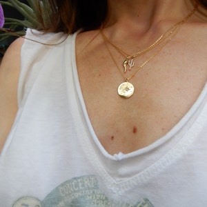 Elegant gold plated coin disc pendant charm celestial stars blue opal stone dainty boho shiny chain layering necklace
