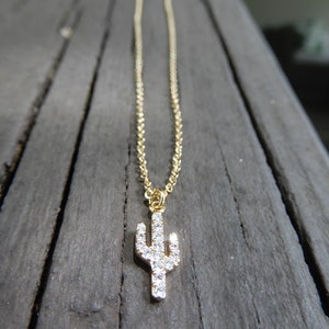Cute cubic zirconia cz gold plated tiny Cactus pendant charm thin sparkly chain short layering necklace