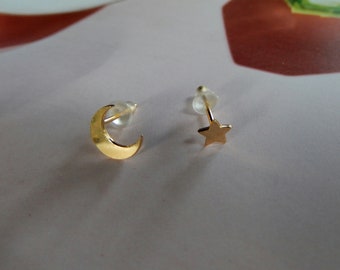Mismatch tiny glossy gold plated Moon and Star ear stud earrings