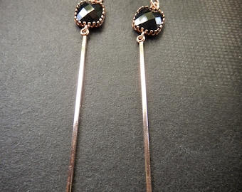 Elegant long glossy rose gold plated bar Jet black faceted glass stone hook earrings