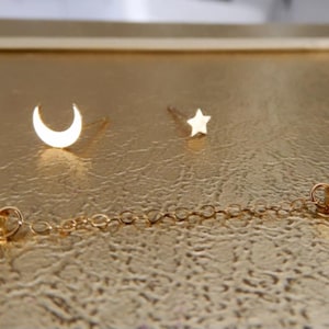 Mismatch tiny glossy gold plated Moon and Star ear stud earrings