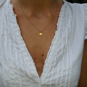Peut inclure: Un collier en chaîne dorée avec un petit pendentif trèfle à quatre feuilles.