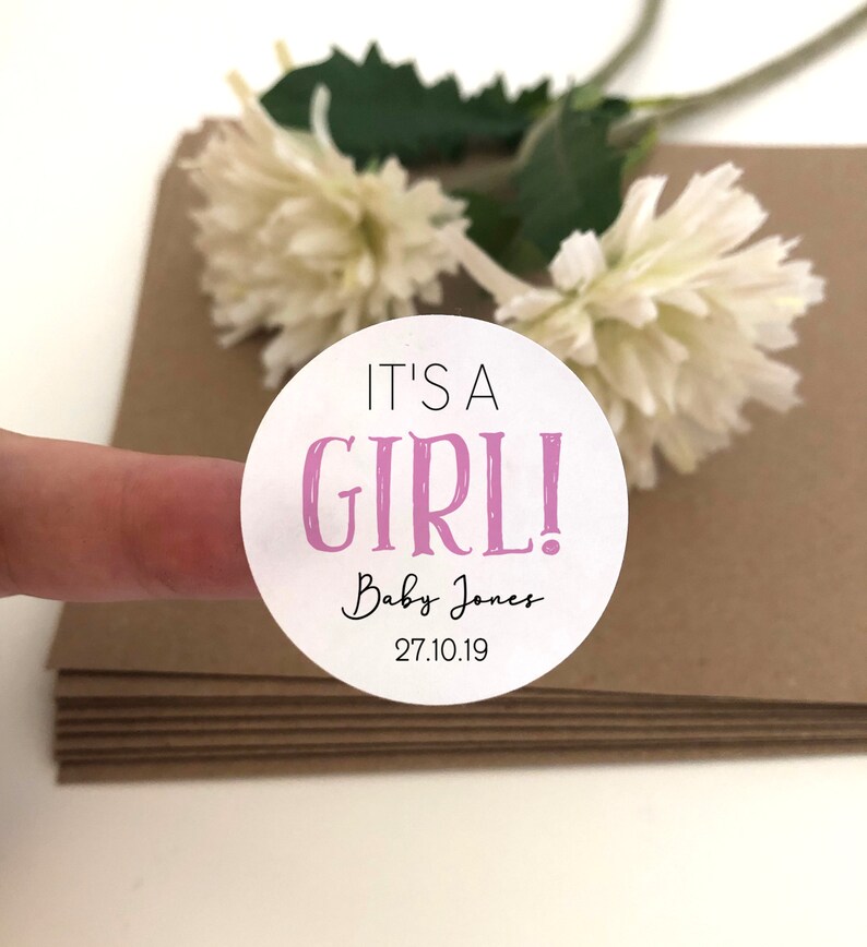 48 personalised baby shower stickers labels favours BOYS GIRLS UNISEX circle 2