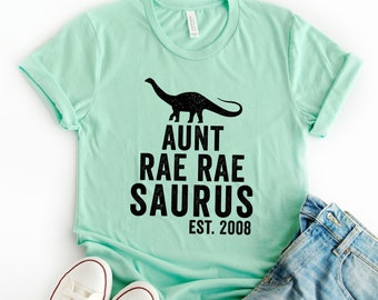 Custom Aunt Gift - Auntie Saurus Est 2021 - Long Neck Dinosaur Brachiosaurus Shirt - Birth Announcement - Sister/ Sister In Law - Unisex Tee