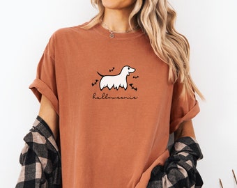 Comfort Colors® Ghost Dachshund Shirt, Funny Halloween Shirt, Happy Halloweenie Tee, Doxie Dog Mom Gift, Unisex Garment-Dyed T-shirt
