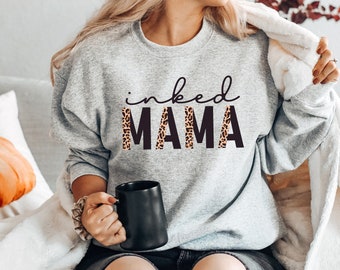 Inked Mama Sweatshirt | Tattooed Mom | Leopard Print Sweatshirts | Cheetah Print Sweatshirt | Ink Mama Gifts | Unisex Crewneck Sweatshirt