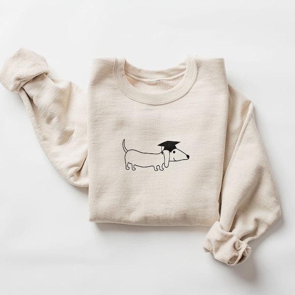 Graduation Dachshund Sweatshirt, Minimalist Doodles Wiener Dog Shirt, Sausage Dog Doxie, High School College Grad, Unisex Crewneck Sweater