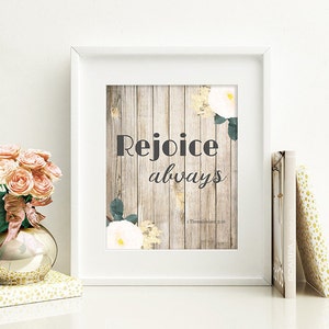 Gift for new moms Family wedding Neutral Printable Wall Art Bible Verse &quot;Rejoice Always&quot; 1 Thessalonians 5:16 Christian Home Decor Wood