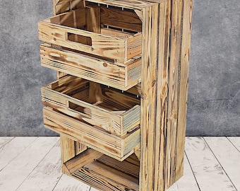 Boîte en bois flammé effet bois spécial | dont 2 tiroirs | NOUVEAU | 68x40x30 cm | Boîte à fruits pour ustensiles de jardin et décoration