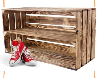 Nouvelle caisse en bois flammé | étagère large avec étagère centrale | 68x40x31cm | Boîte à fruits comme étagère à chaussures pour l'intérieur et l'extérieur