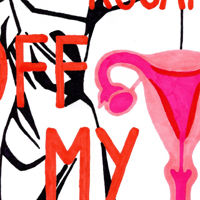 A macro detail shot of the "Keep Your Rosaries Off My Ovaries" artwork, showing the hand-drawn texture of the red marker lettering and the vibrant pink shades used for the ovaries illustration.