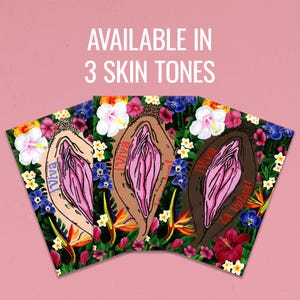 Three variations of the Viva La Vulva art print shown side-by-side, demonstrating that the design is available in three different skin tones ranging from light to deep brown.