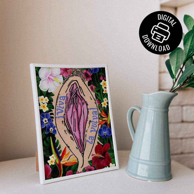 A close-up mockup of the print in a white frame sitting on a white table next to a light blue ceramic pitcher with green leaves. A "Digital Download" icon is visible in the top right.