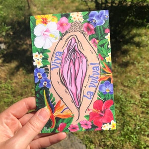 Vulva Blank Greeting Card feat. Protest Sign &#39;Viva La Vulva&#39; and Flowers for Body Positivity, Blank Greeting Card for Feminists