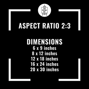 A black and white information graphic for an art print sizing guide. At the top is a circular logo for "Deb Almond Art" featuring an easel. Large white text in the center reads "ASPECT RATIO 2:3" followed by "DIMENSIONS." Below, a list of compatible print sizes in inches is provided: 6 x 9, 8 x 12, 12 x 18, 16 x 24, and 20 x 30. The text is framed by minimalist white corner brackets.