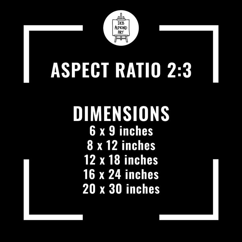 A black and white information graphic for an art print sizing guide. At the top is a circular logo for "Deb Almond Art" featuring an easel. Large white text in the center reads "ASPECT RATIO 2:3" followed by "DIMENSIONS." Below, a list of compatible print sizes in inches is provided: 6 x 9, 8 x 12, 12 x 18, 16 x 24, and 20 x 30. The text is framed by minimalist white corner brackets.