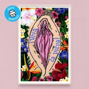 Vulva Art Print feat. &#39;Viva La Vulva&#39; Protest Sign and Tropical Flowers for Body Positivity, Gift for Feminist Supporting Women&#39;s Rights