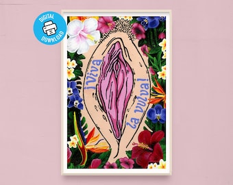 Vulva Art Print feat. 'Viva La Vulva' Protest Sign and Tropical Flowers for Body Positivity, Gift for Feminist Supporting Women's Rights