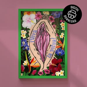 A front-facing view of the art print in a bright green frame against a mauve-colored wall. A circular "Digital Download" badge is placed in the upper right corner.