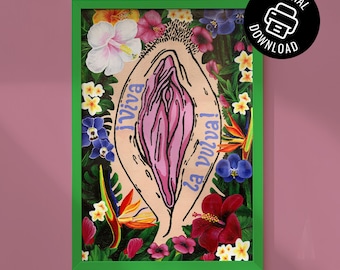 Viva La Vulva Art Print, Feminist Floral Protest Sign (Digital Download)