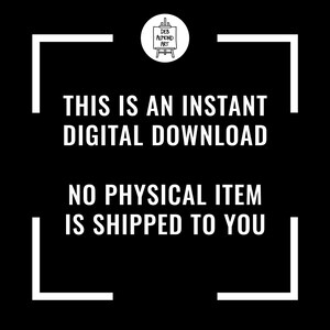 A black and white graphic with white text on a black background. At the top is a circular logo for "Deb Almond Art" featuring an easel. The central text reads, "THIS IS AN INSTANT DIGITAL DOWNLOAD" and "NO PHYSICAL ITEM IS SHIPPED TO YOU." The layout is framed by minimalist white corner brackets.