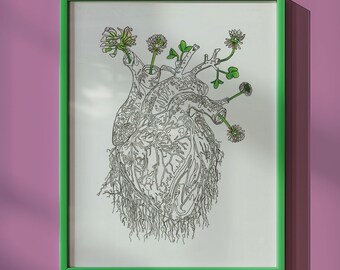 Anatomical Heart Print, Clover Botanical Illustration, Vintage Anatomy Poster