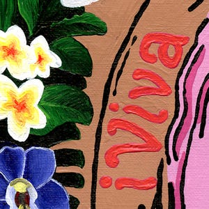 Macro close-up of the Viva La Vulva art print showing the detailed canvas texture, hand-painted brushstrokes with the red/orange lettering, and the intricate details of a purple orchid and bird of paradise flower.