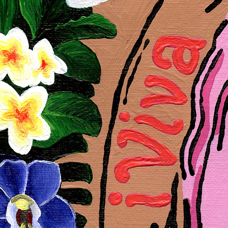 Macro close-up of the Viva La Vulva art print showing the detailed canvas texture, hand-painted brushstrokes with the red/orange lettering, and the intricate details of a purple orchid and bird of paradise flower.