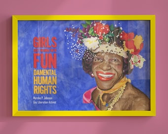 Retrato en acuarela de Marsha P. Johnson, impresión artística sobre la historia LGBTQ+