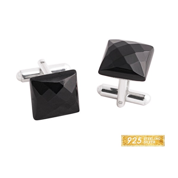 Silver cufflinks 925 Onyx, cuff links with black faceted Onyx for wedding casual unique exclusive jewelery (S191), gems, onyks