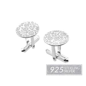 May include: A pair of silver cufflinks with a floral pattern. The cufflinks are made of 925 sterling silver.