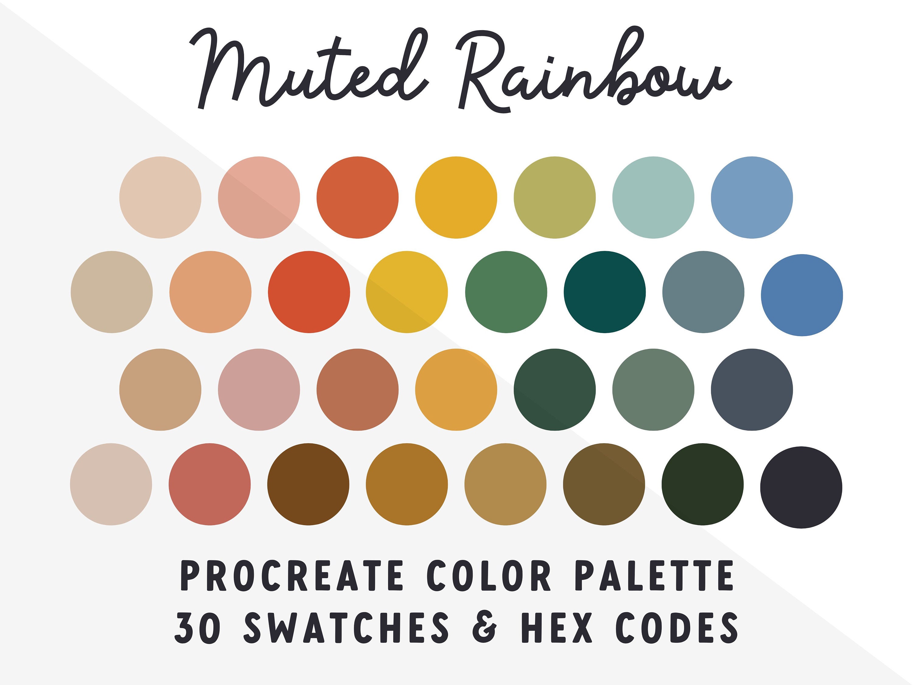 Muted Rainbow Procreate Color Palette – 30 Soft Color Swatches with HEX Codes for iPad, Photoshop, Illustrator, Canva