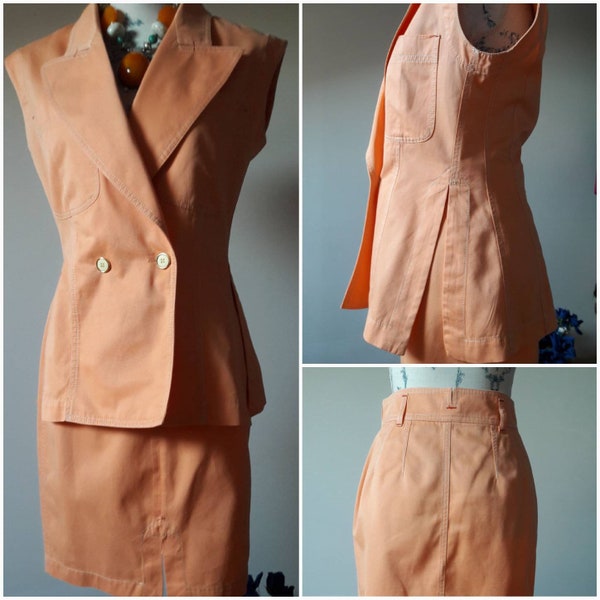 Vintage 80s made in italy suit Byblos brand styled by Versace blouse and skirt unique bright salmon pink color with an orange touch size S/M