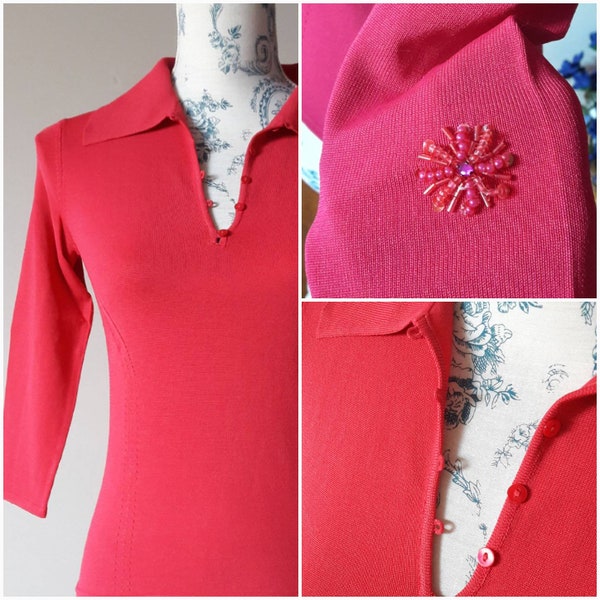 Marella by Max Mara Italian vintage coral red polo sweater classy beads embroidery slim fit perfect 90s style high quality knitting size S/M