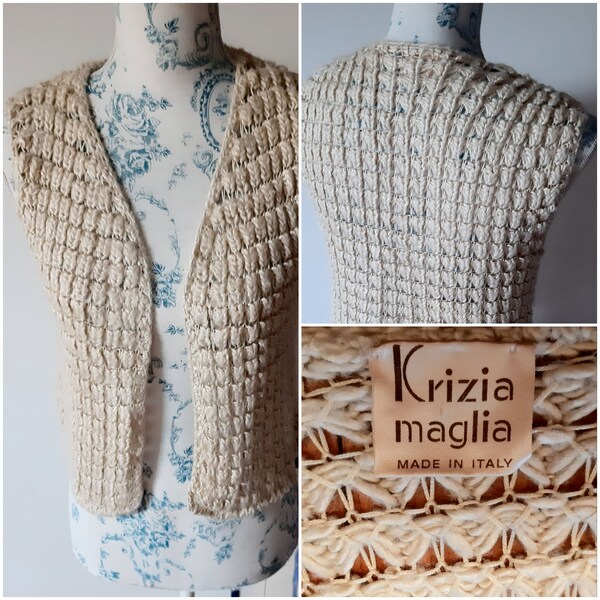 Gilet sans manches au crochet Krizia made in Italy en laine et soie des années 90 couleur ivoire foncé taille S excellent état