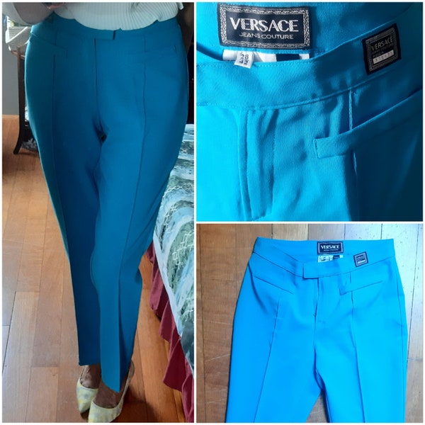 Versace Jeans Couture pantaloni classici vestibilità slim leggermente elasticizzati blu vivido turchese, vestibilità comfort vintage anni 2000 menta