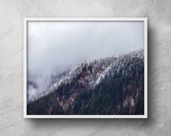 Mountain printable, Mountain photography, Snow mountain, Mountain wall art, Mountain artwork, Mountain mist print, Foggy mountain