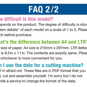 May include: An informational graphic titled FAQ 2/2 with blue, pink, green, and teal text. It explains model difficulty ratings, paper size differences between A4 (210mm x 297mm) and LTR (8.5in x 11in), and clarifies that the PDF files are for manual assembly.