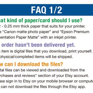 May include: An informational graphic titled FAQ 1/2 with blue, green, purple, and orange text. It provides instructions on paper thickness of 0.22-0.25 mm, clarifies that items are digital files for self-printing, and explains download procedures.