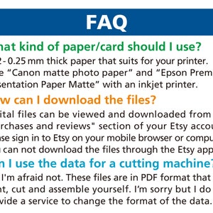 May include: FAQ section of a digital product listing with information about the paper and card to use, how to download the files, and whether the data can be used for a cutting machine.