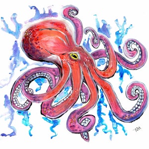 Octopus, Watercolor Digital Print 8x10