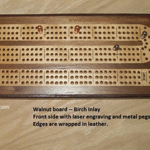 Cribbage Board - Inlaid - Walnut with Contrasting Wood Inlay - Leather-Wrapped Edge - Custom Hand Made in Montana - Pegging Card Game - Gift